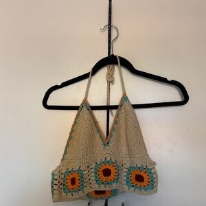 Altar'd State Cream Crochet Halter Top with Floral Design